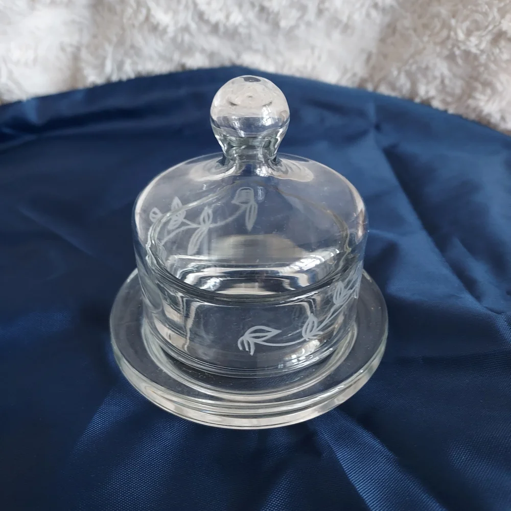 Princess House Crystal Heritage Clear Lidded Mini Butter Bell Jar Leaf Pattern